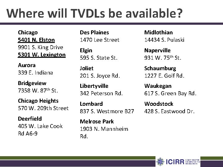 Where will TVDLs be available? Chicago 5401 N. Elston 9901 S. King Drive 5301