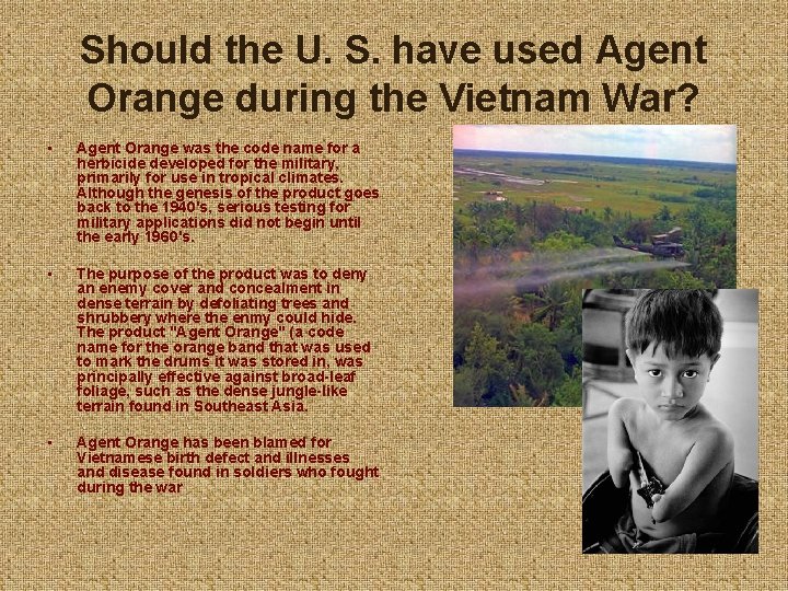 Should the U. S. have used Agent Orange during the Vietnam War? • Agent
