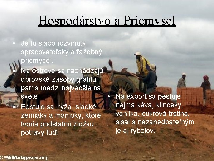 Hospodárstvo a Priemysel • Je tu slabo rozvinutý spracovateľský a ťažobný priemysel. • Na