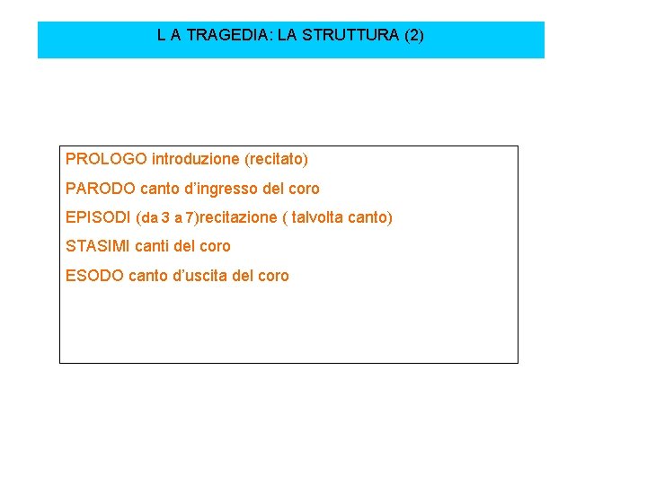 L A TRAGEDIA: LA STRUTTURA (2) PROLOGO introduzione (recitato) PARODO canto d’ingresso del coro