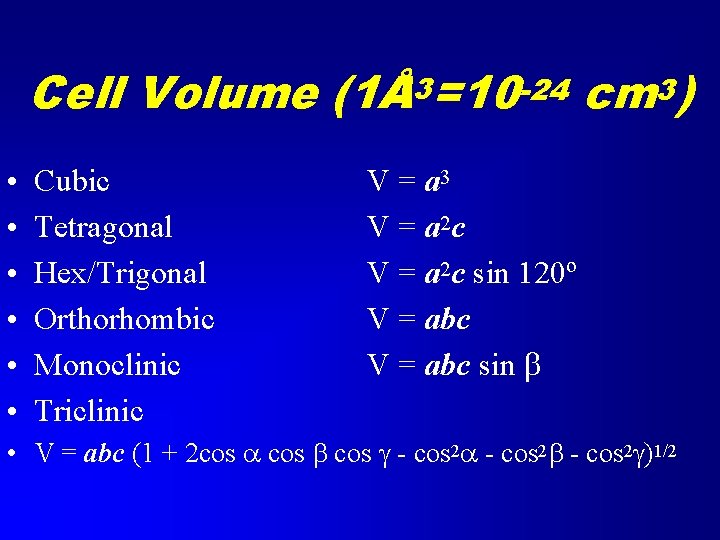 Cell Volume (1Å3=10 -24 cm 3) • • • Cubic Tetragonal Hex/Trigonal Orthorhombic Monoclinic Cell Volume (1Å3=10 -24 cm 3) • • • Cubic Tetragonal Hex/Trigonal Orthorhombic Monoclinic