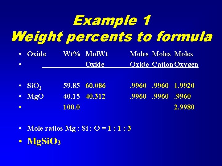 Example 1 Weight percents to formula • Oxide • Wt% Mol. Wt Oxide Moles