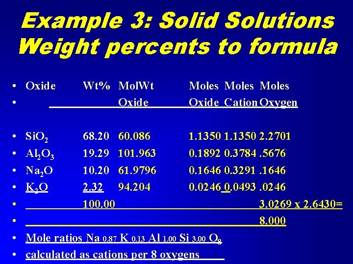 Example 3: Solid Solutions Weight percents to formula • Oxide • Wt% Mol. Wt