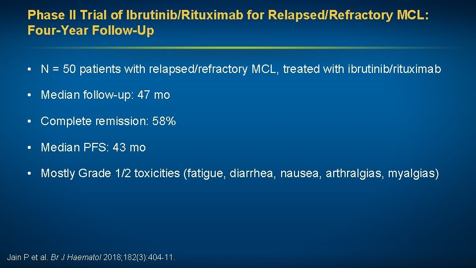 Phase II Trial of Ibrutinib/Rituximab for Relapsed/Refractory MCL: Four-Year Follow-Up • N = 50