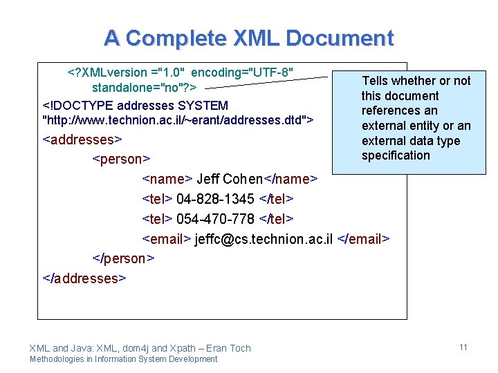 A Complete XML Document <? XMLversion ="1. 0" encoding="UTF-8" standalone="no"? > <!DOCTYPE addresses SYSTEM