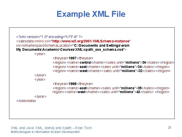 Example XML File <? xml version="1. 0" encoding="UTF-8" ? > <salesdata xmlns: xsi="http: //www.