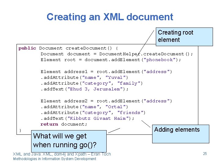 Creating an XML document Creating root element public Document create. Document() { Document document