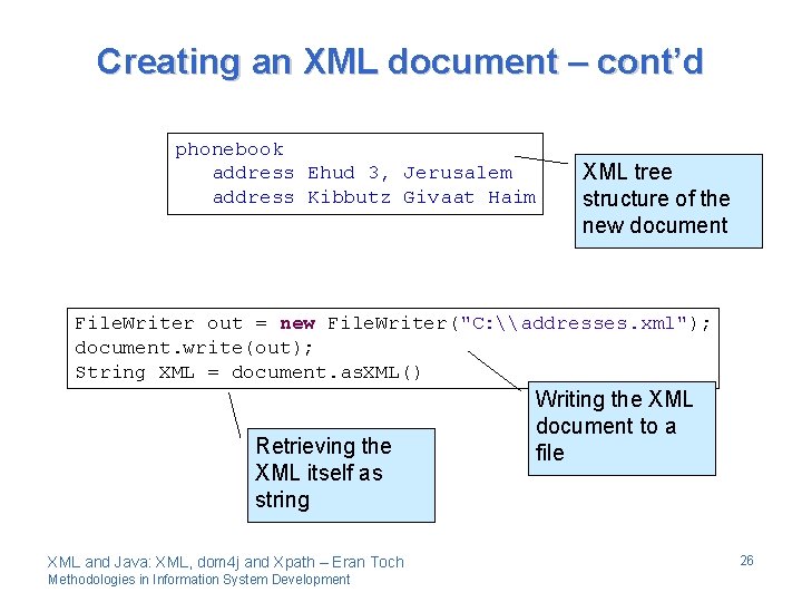 Creating an XML document – cont’d phonebook address Ehud 3, Jerusalem address Kibbutz Givaat