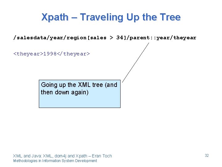 Xpath – Traveling Up the Tree /salesdata/year/region[sales > 34]/parent: : year/theyear <theyear>1998</theyear> Going up