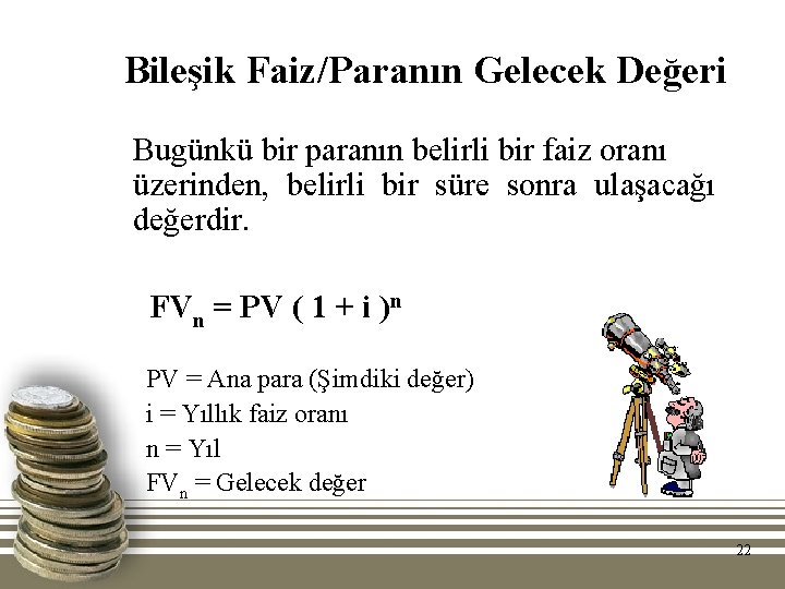 Bileşik Faiz/Paranın Gelecek Değeri Bugünkü bir paranın belirli bir faiz oranı üzerinden, belirli bir Bileşik Faiz/Paranın Gelecek Değeri Bugünkü bir paranın belirli bir faiz oranı üzerinden, belirli bir