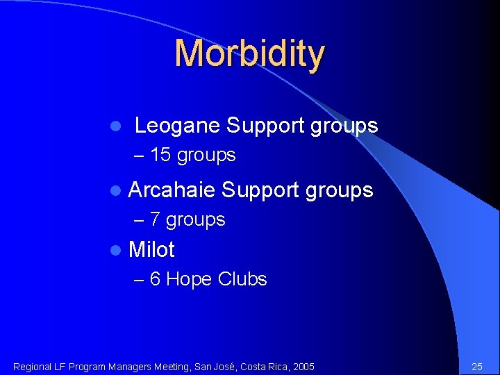 Morbidity l Leogane Support groups – 15 groups l Arcahaie Support groups – 7