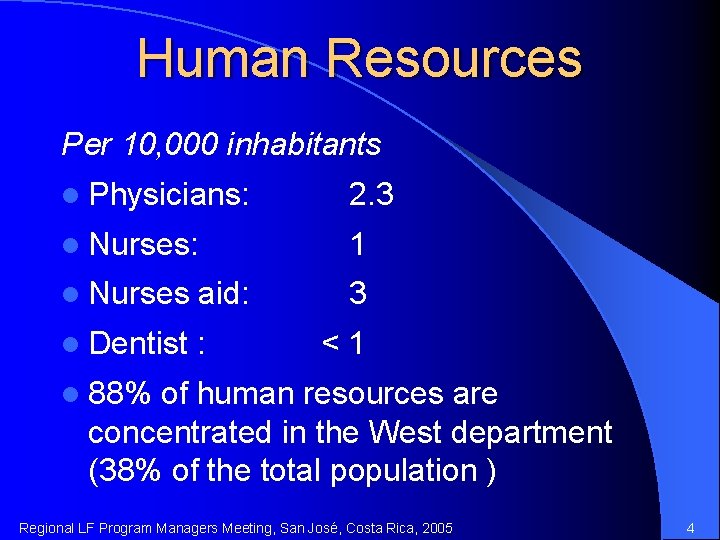 Human Resources Per 10, 000 inhabitants l Physicians: 2. 3 l Nurses: 1 l