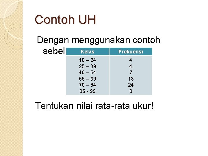 Contoh UH Dengan menggunakan contoh Kelas Frekuensi sebelumnya: 10 – 24 25 – 39