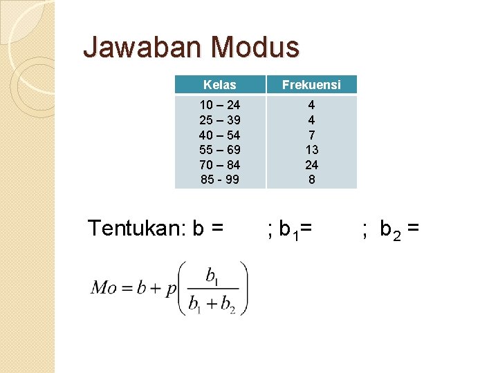 Jawaban Modus Kelas Frekuensi 10 – 24 25 – 39 40 – 54 55