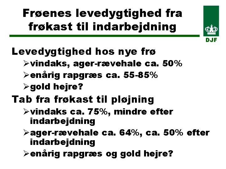 Frøenes levedygtighed fra frøkast til indarbejdning Levedygtighed hos nye frø DJF Øvindaks, ager-rævehale ca.