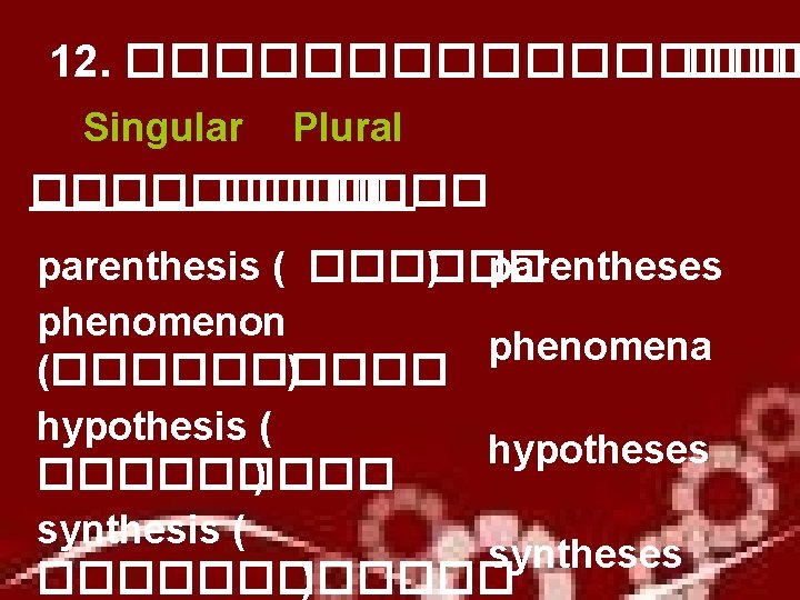 12. �������� ��� Singular Plural ����� parenthesis ( ������ ) parentheses phenomenon phenomena (�����