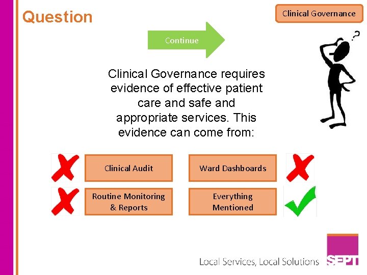 Question Clinical Governance Continue Clinical Governance requires evidence of effective patient care and safe Question Clinical Governance Continue Clinical Governance requires evidence of effective patient care and safe