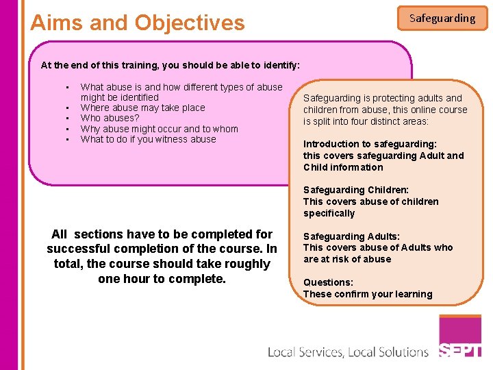 Aims and Objectives Safeguarding At the end of this training, you should be able