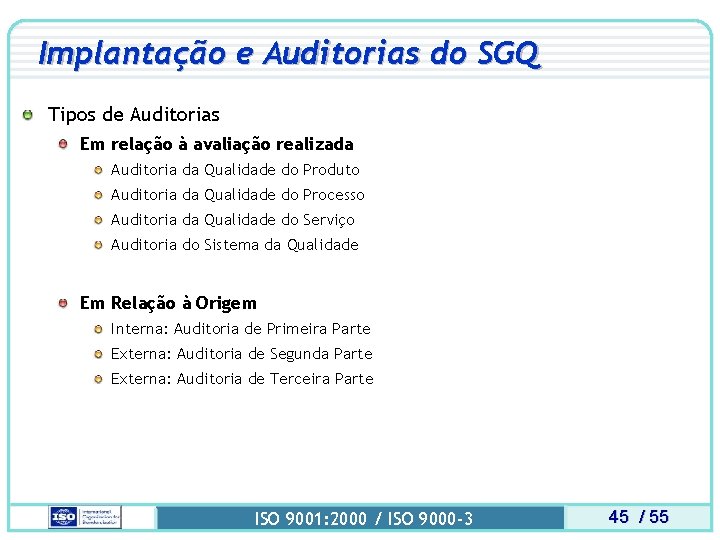 Implantação e Auditorias do SGQ Tipos de Auditorias Em relação à avaliação realizada Auditoria