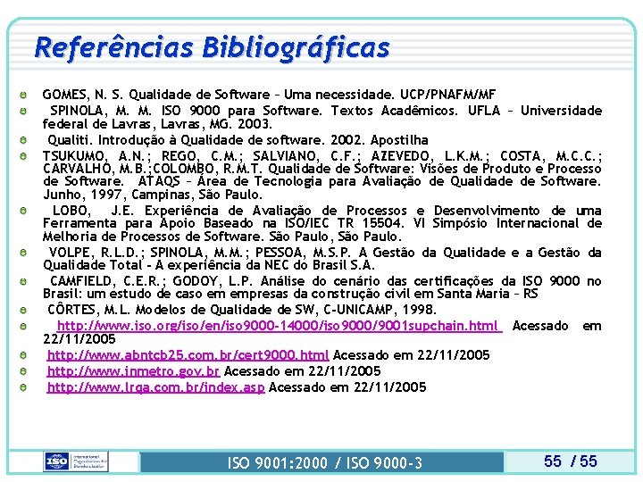 Referências Bibliográficas GOMES, N. S. Qualidade de Software – Uma necessidade. UCP/PNAFM/MF SPINOLA, M.