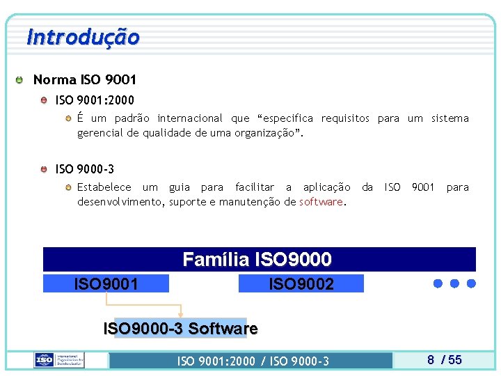 Introdução Norma ISO 9001: 2000 É um padrão internacional que “especifica requisitos para um