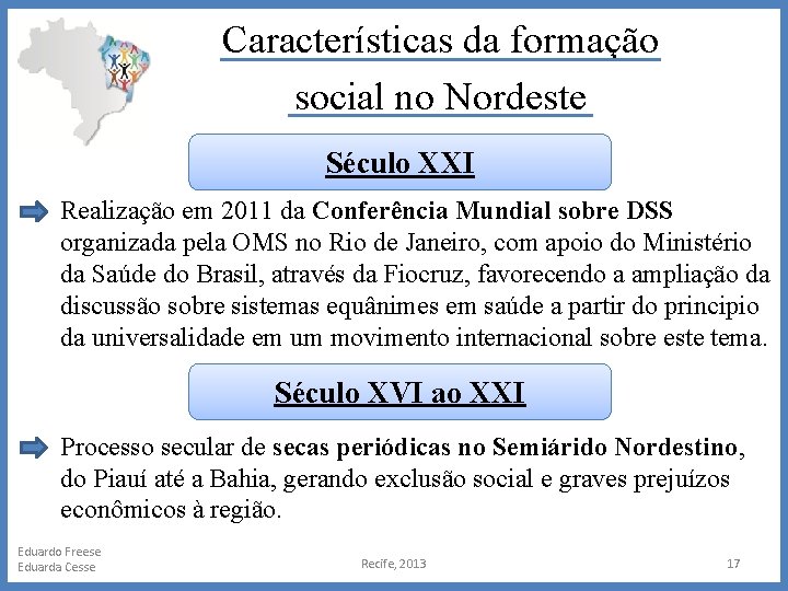 Características da formação social no Nordeste Século XXI Realização em 2011 da Conferência Mundial