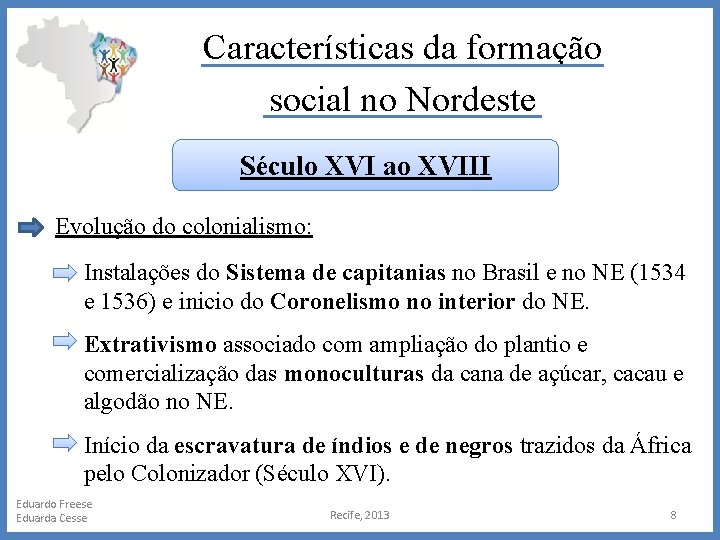 Características da formação social no Nordeste Século XVI ao XVIII Evolução do colonialismo: Instalações