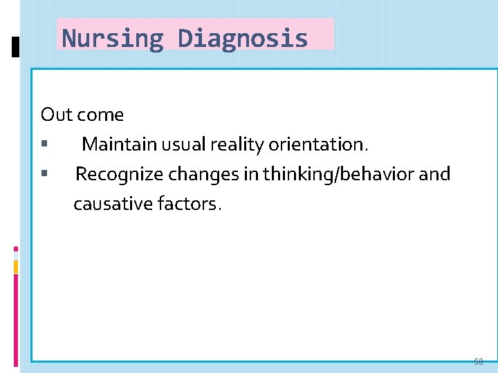 Nursing Diagnosis Out come Maintain usual reality orientation. Recognize changes in thinking/behavior and causative