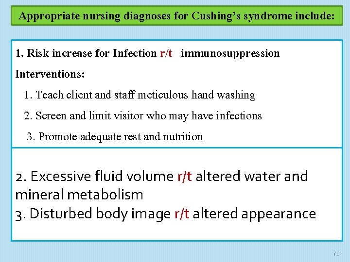 Appropriate nursing diagnoses for Cushing’s syndrome include: 1. Risk increase for Infection r/t immunosuppression