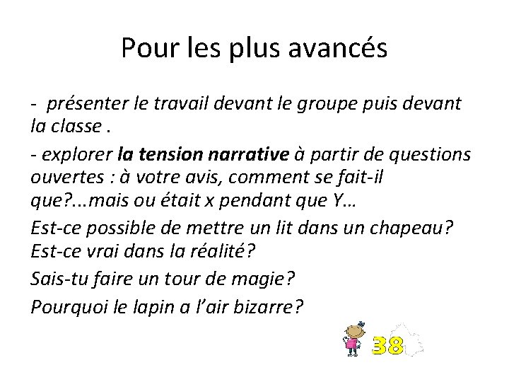 Pour les plus avancés - présenter le travail devant le groupe puis devant la