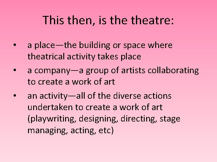 This then, is theatre: • • • a place—the building or space where theatrical