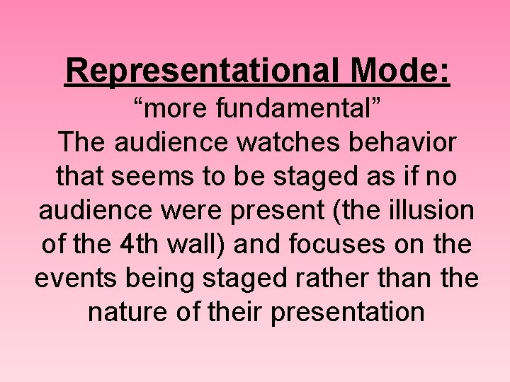 Representational Mode: “more fundamental” The audience watches behavior that seems to be staged as