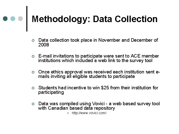 Methodology: Data Collection ¢ Data collection took place in November and December of 2008