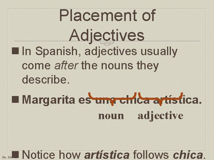 Placement of Adjectives n In Spanish, adjectives usually come after the nouns they describe.