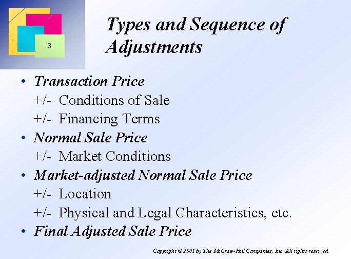 3 Types and Sequence of Adjustments • Transaction Price +/- Conditions of Sale +/-