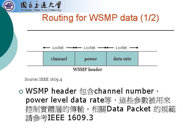 Routing for WSMP data (1/2) 1 octet channel power data rate WSMP header Source: