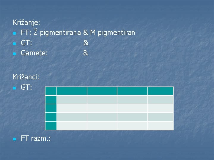 Križanje: n FT: Ž pigmentirana & M pigmentiran n GT: & n Gamete: &