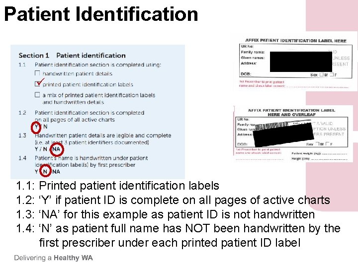 Patient Identification 1. 1: Printed patient identification labels 1. 2: ‘Y’ if patient ID Patient Identification 1. 1: Printed patient identification labels 1. 2: ‘Y’ if patient ID