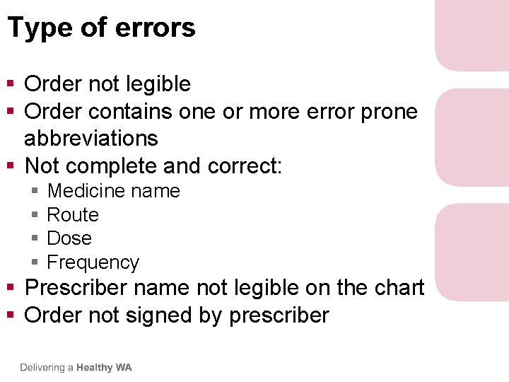 Type of errors § Order not legible § Order contains one or more error Type of errors § Order not legible § Order contains one or more error