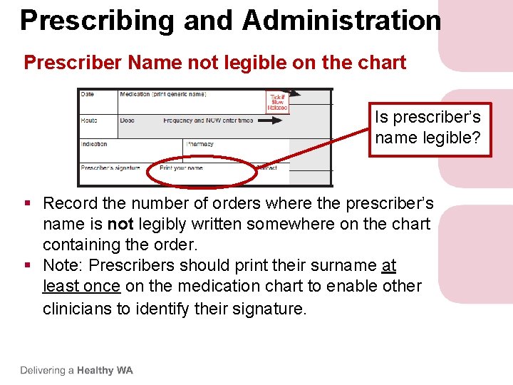 Prescribing and Administration Prescriber Name not legible on the chart Is prescriber’s name legible? Prescribing and Administration Prescriber Name not legible on the chart Is prescriber’s name legible?