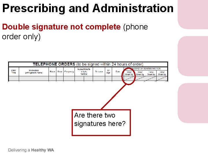 Prescribing and Administration Double signature not complete (phone order only) Are there two signatures Prescribing and Administration Double signature not complete (phone order only) Are there two signatures