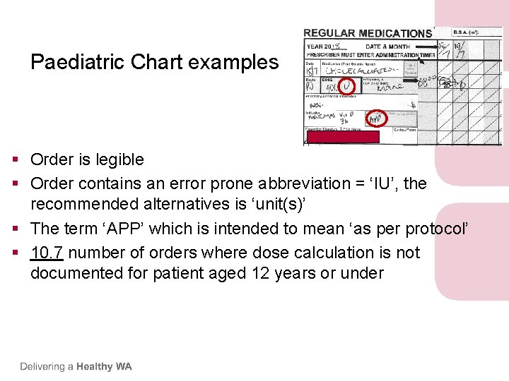 Paediatric Chart examples § Order is legible § Order contains an error prone abbreviation Paediatric Chart examples § Order is legible § Order contains an error prone abbreviation