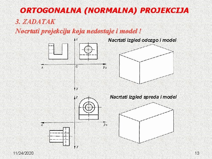 ORTOGONALNA (NORMALNA) PROJEKCIJA 3. ZADATAK Nocrtati projekciju koja nedostaje i model ! Nacrtati izgled