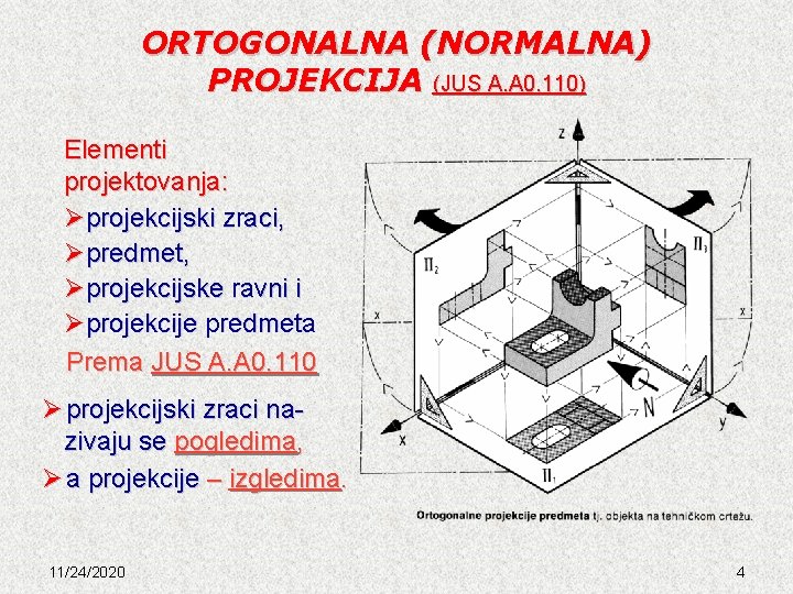 ORTOGONALNA (NORMALNA) PROJEKCIJA (JUS A. A 0. 110) Elementi projektovanja: Øprojekcijski zraci, Øpredmet, Øprojekcijske