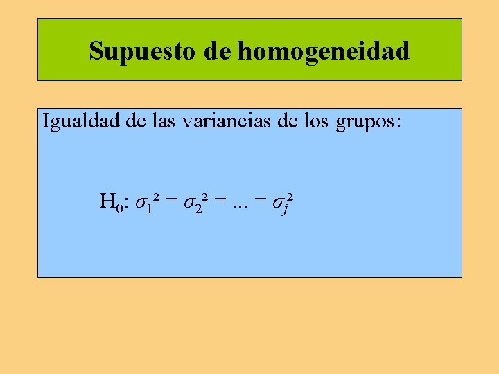 Supuesto de homogeneidad Igualdad de las variancias de los grupos: H 0: σ1² = Supuesto de homogeneidad Igualdad de las variancias de los grupos: H 0: σ1² =