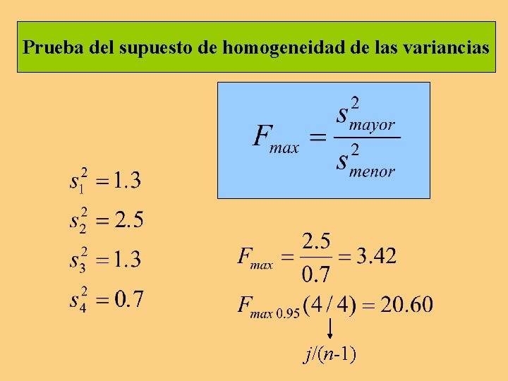 Prueba del supuesto de homogeneidad de las variancias j/(n-1) Prueba del supuesto de homogeneidad de las variancias j/(n-1)