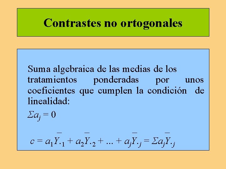 Contrastes no ortogonales Suma algebraica de las medias de los tratamientos ponderadas por unos Contrastes no ortogonales Suma algebraica de las medias de los tratamientos ponderadas por unos
