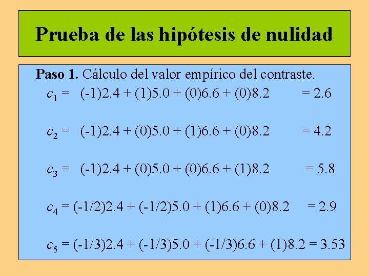 Prueba de las hipótesis de nulidad Paso 1. Cálculo del valor empírico del contraste. Prueba de las hipótesis de nulidad Paso 1. Cálculo del valor empírico del contraste.