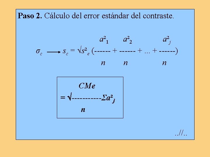 Paso 2. Cálculo del error estándar del contraste. σc a² 1 a² 2 a²j Paso 2. Cálculo del error estándar del contraste. σc a² 1 a² 2 a²j