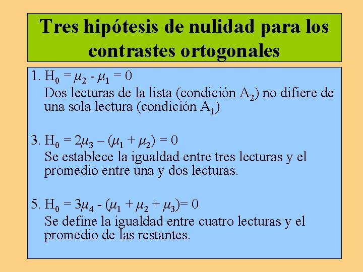 Tres hipótesis de nulidad para los contrastes ortogonales 1. H 0 = μ 2 Tres hipótesis de nulidad para los contrastes ortogonales 1. H 0 = μ 2